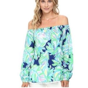Lilly Pulitzer Enna Resort Navy Green Uptown Trunk Bardot Pom Pom Top L